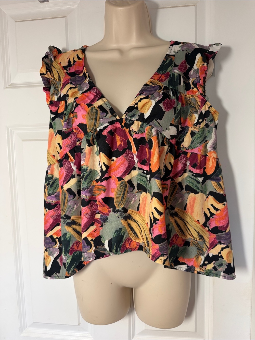SHEIN Multicolor Brushstroke V-Neck Ruffle Sleeve Top
